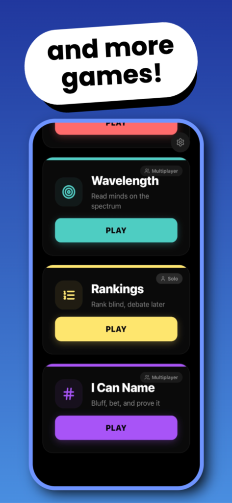 Interfaz de la aplicación Game Night mostrando opciones de juegos multijugador como Wavelength, Rankings y I Can Name