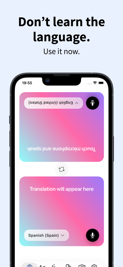 AI Voice Translator app showing a split screen interface for English and Spanish real-time translation