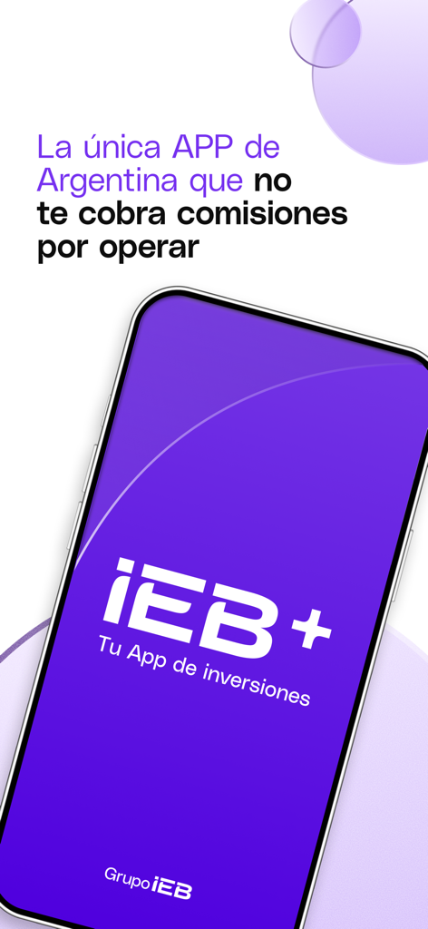 IEB+: Tu app de inversiones - IEBプラス投資アプリのロゴとスペイン語での手数料ゼロ取引メッセージが表示された携帯電話画面