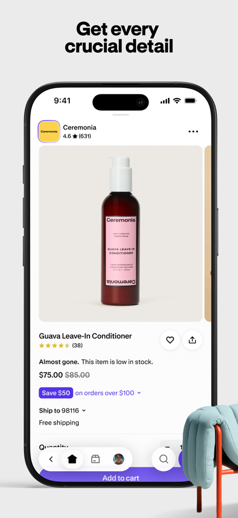 Um ecrã móvel que mostra uma página de produto para um item de beleza na aplicação Shop com informações de preço e stock