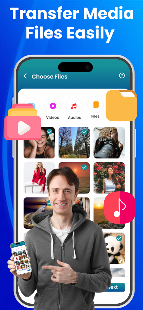 Smartphone screen showing the selection of photos and videos for data transfer in the Smart Switch app