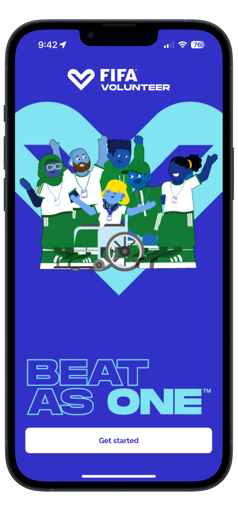 FIFA Volunteer Community - Pantalla de bienvenida de la aplicación de la Comunidad de Voluntarios de la FIFA con el lema Beat As One y un grupo diverso de voluntarios.