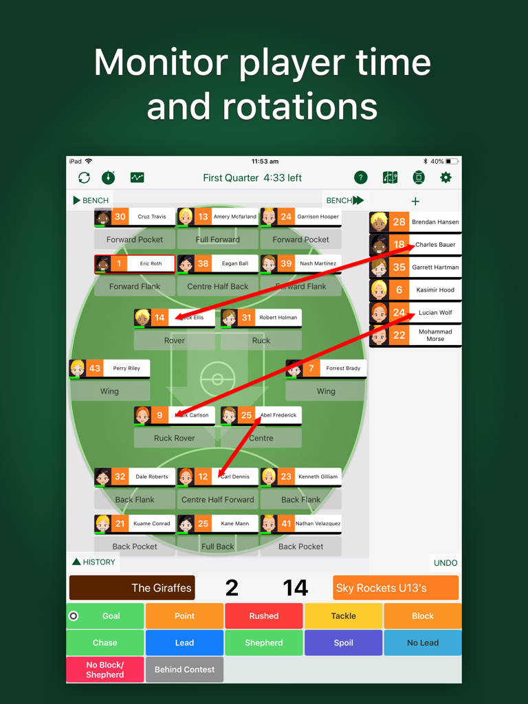Great Coach AFL - AFL coaching app interface showing player positions and rotation arrows on a virtual tactical field