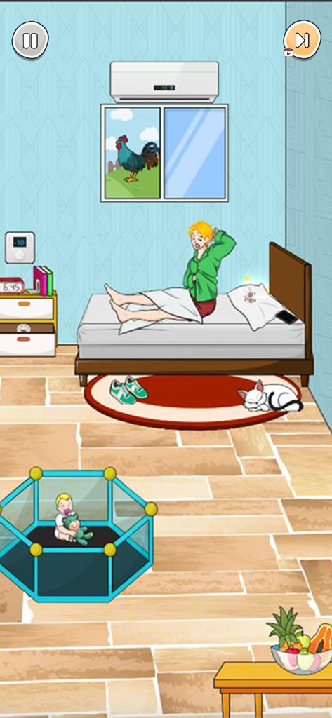 Prank Puzzle Tricky Party - A tricky puzzle level in a cartoon bedroom showing a woman waking up and a baby in a playpen.