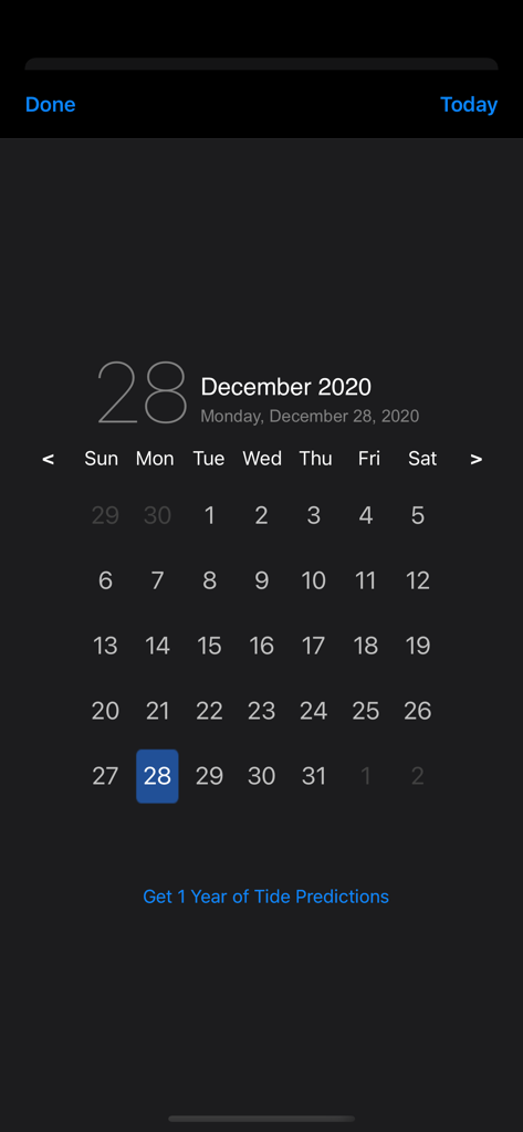 Calendar view for selecting specific dates in the Tide Graph app