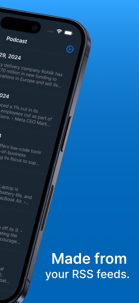 Feed Viewer app screen showing a personal podcast list generated from RSS feed news articles