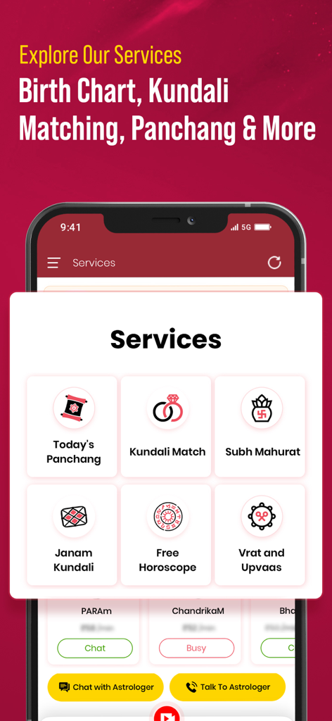 Anytime Astro Live Chat & Talk - Pantalla de la aplicación móvil Anytime Astro que muestra servicios de astrología védica como Coincidencia de Kundali, Panchang y Janam Kundali.
