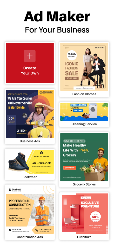 A variety of business advertisement templates for industries like fashion, grocery, and construction in the Ad Maker app.