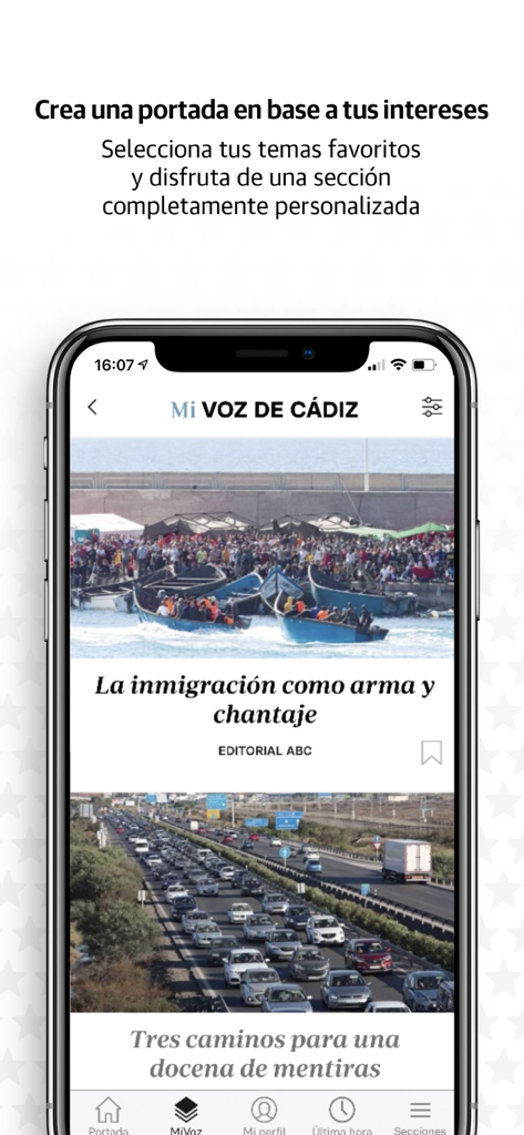 Interfaz que muestra la función de feed de noticias personalizado en la aplicación Diario La Voz de Cadiz.
