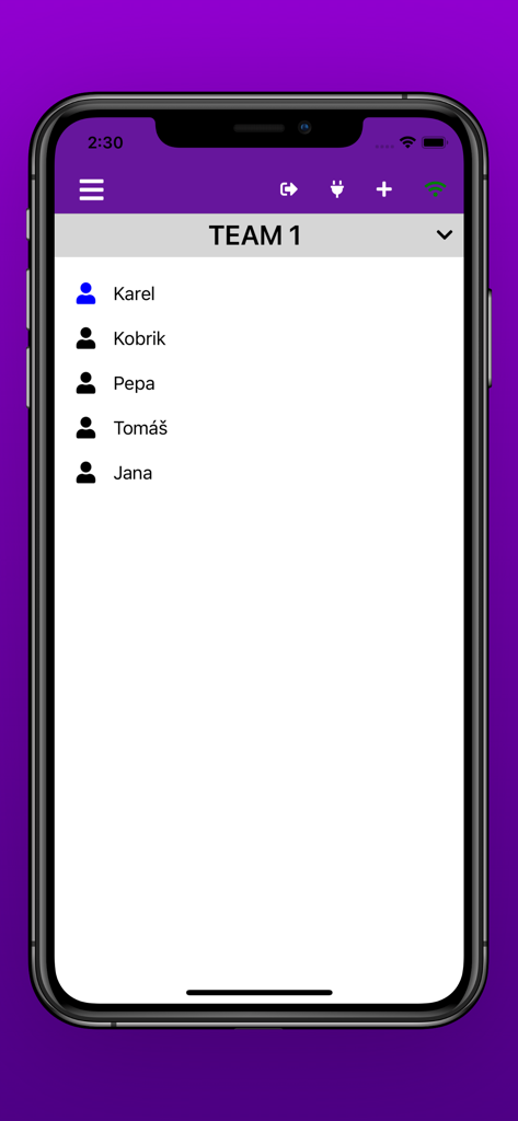 Painting calculator - Una pantalla de selección de equipo en la aplicación Calculadora de Pintura que muestra una lista de nombres de estudiantes en el Equipo 1