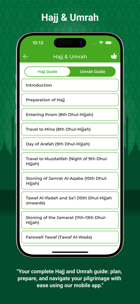 Guide étape par étape du pèlerinage du Hajj et de la Omra dans l'application mobile Prières Islamiques et Athan.