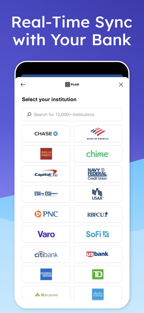Banksola: Budget Planner - Interfaz de la aplicación Banksola para seleccionar una institución bancaria para sincronizar transacciones en tiempo real usando Plaid.