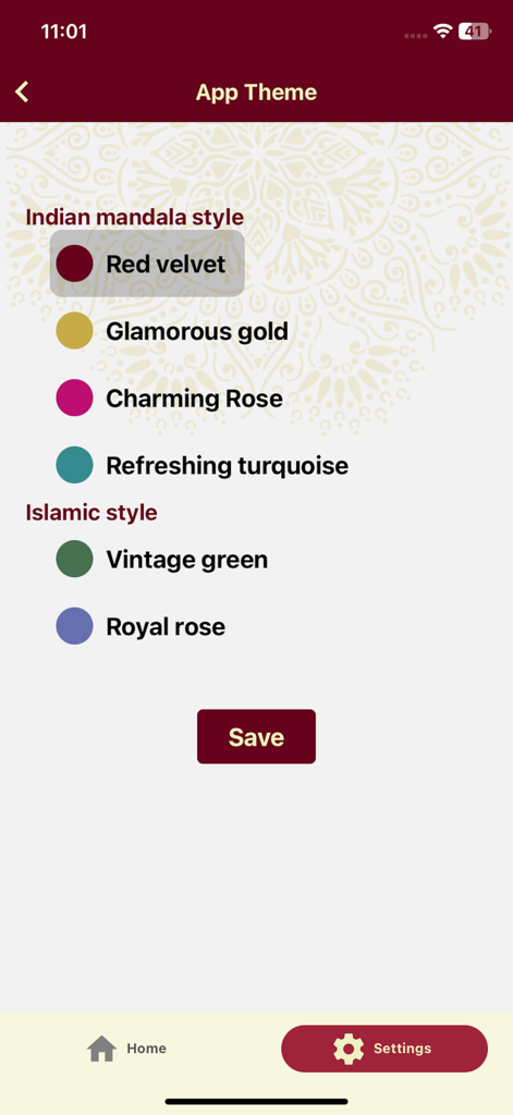 Interface for choosing app themes in the iQra Pro For Schools educational app.