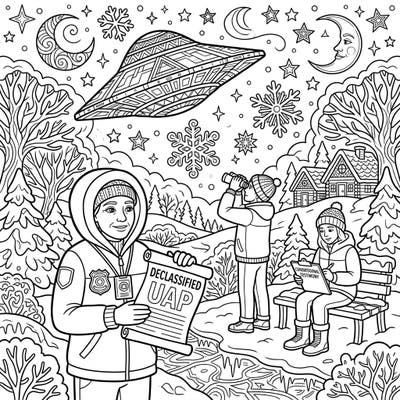 Dive into a unique winter scene featuring UFO whistleblowers revealing declassified UAP documents under a mysterious sky. This intricate coloring page combines intrigue with seasonal charm for an unforgettable artistic experience.
