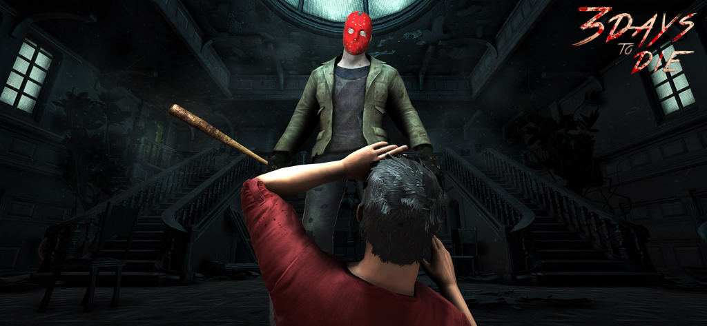 3 Days to Die – Horror Game - A player character cowers before a masked villain holding a baseball bat in a dark haunted house.