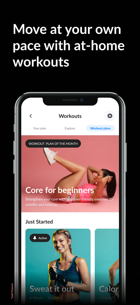 A mobile screen from the Perfect Body app showing at home workout plans and core exercises for beginners