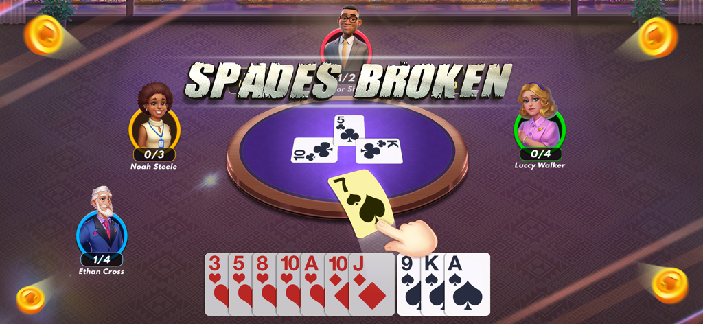 Spades Multiplayer - Uma sessão de jogo de cartas Spades multiplayer mostrando avatares de jogadores e a notificação Spades Broken durante uma partida.
