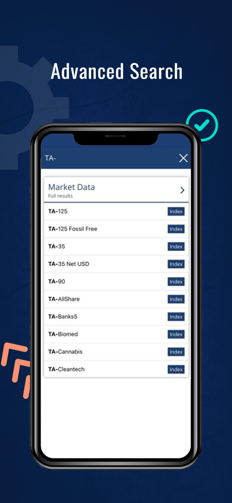 Tel Aviv Stock Exchange (TASE) - Advanced search screen of the TASE app displaying a list of Israeli market indices like TA-125 and TA-35