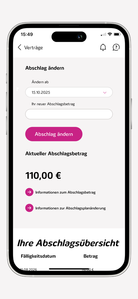 Meine Süwag - Monthly payment adjustment screen in the Meine Suewag energy app