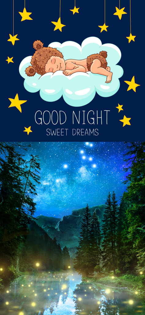 Bedtime Stories: iBaby Care - Um bebê dormindo em uma nuvem e uma floresta mágica à noite sob um céu estrelado