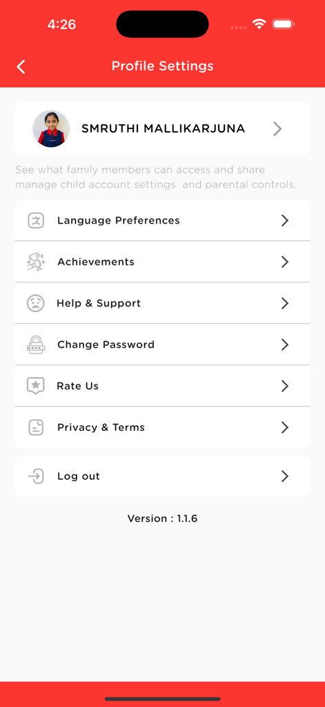 Loyola International School - Pantalla de configuración de perfil para la aplicación Loyola International School con cuenta infantil y opciones de soporte.