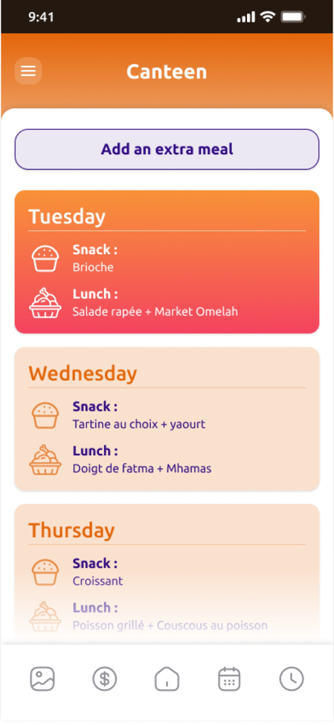 DigiKids - DigiKids app interface showing the weekly school canteen menu with snack and lunch details