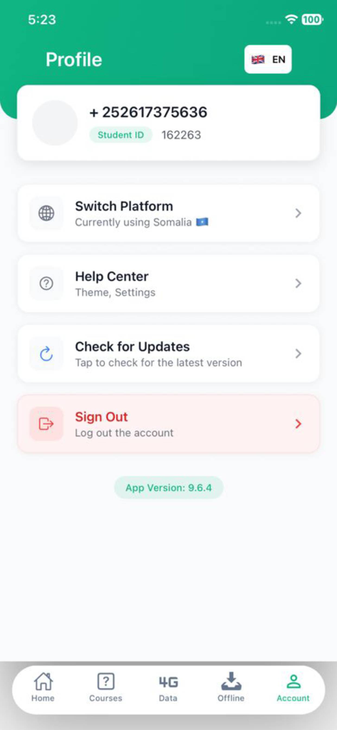 Qalam Platform - User account profile screen of the Qalam Platform app showing student ID and menu options