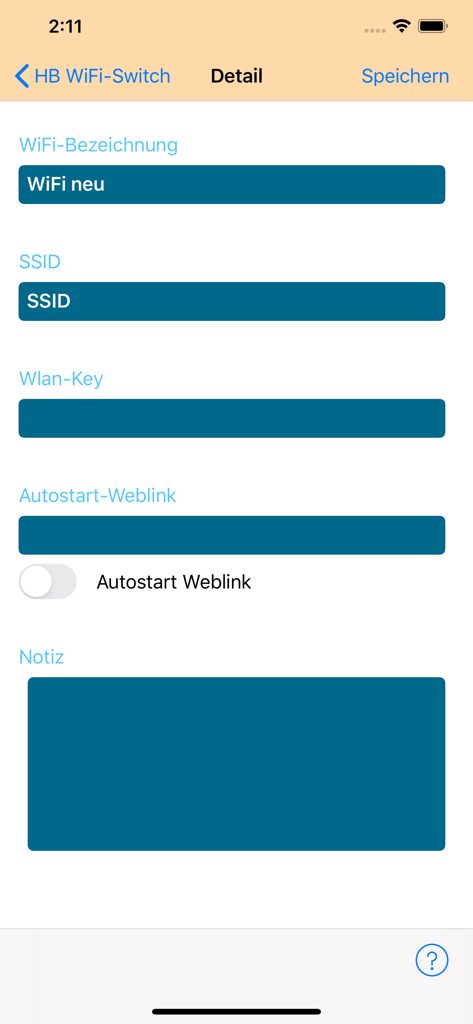 HB WiFi-Switch - HB WiFi-Switch network configuration screen showing fields for SSID and password