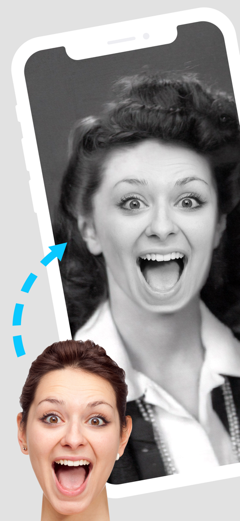 Una mujer usando la app Oldbooth para intercambiar su cara en una foto retro en blanco y negro