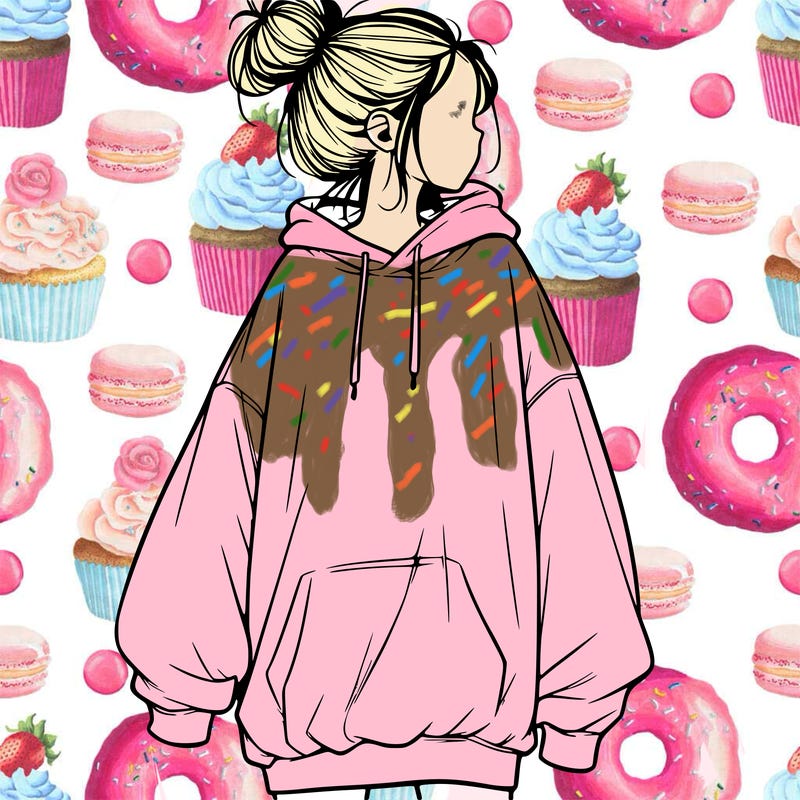 realistic girl with a oversized sweatshirt on and a bun
