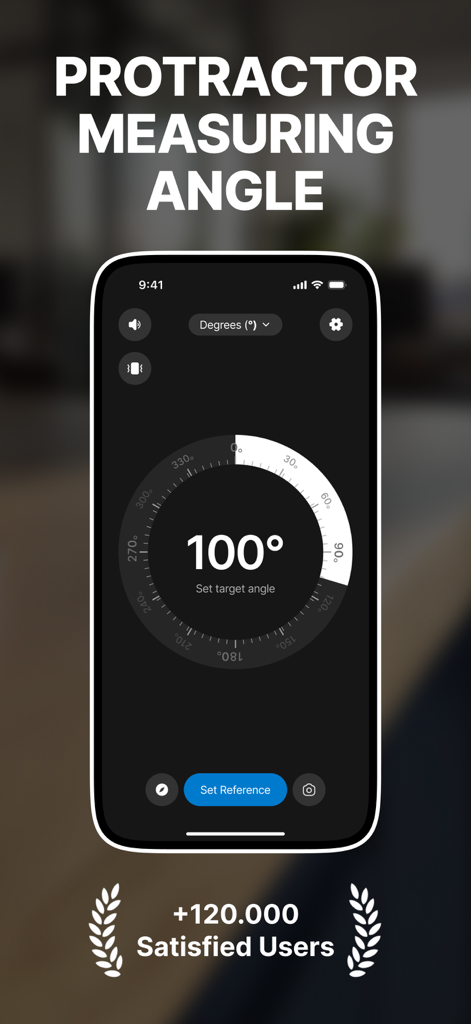 Protractor Measuring Angle - Schermata dello smartphone che mostra l'interfaccia dell'app Goniometro Misura Angolo che misura un angolo di 100 gradi