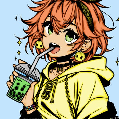 hot baddie anime girl drinking boba and biting the straw