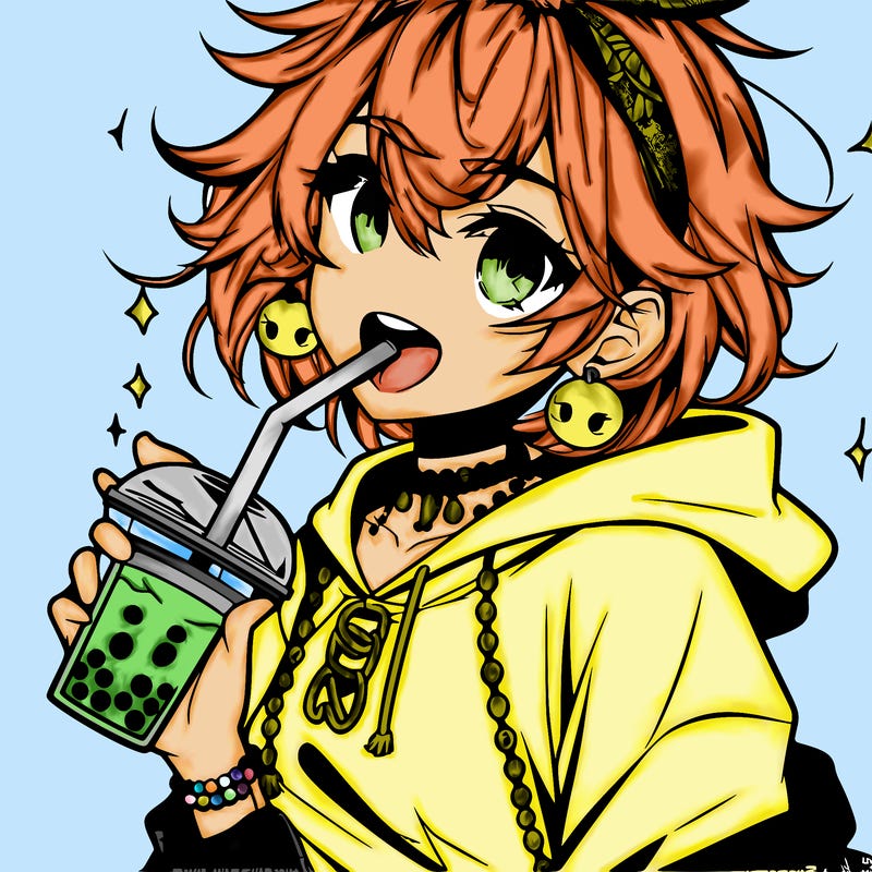 hot baddie anime girl drinking boba and biting the straw