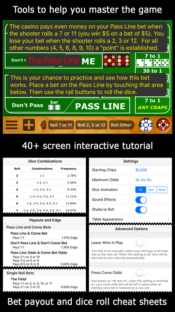 Tutorial interactivo y hojas de trucos de apuestas para la aplicación Casino Craps Pro 3D.