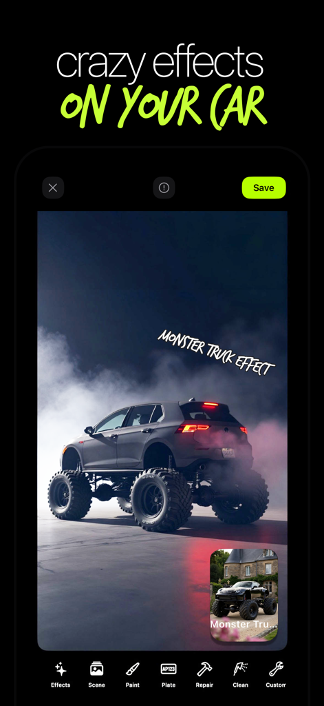 Driftshot - AI Car Designer - Driftshot app interface showing a car modified with massive monster truck wheels using AI effects