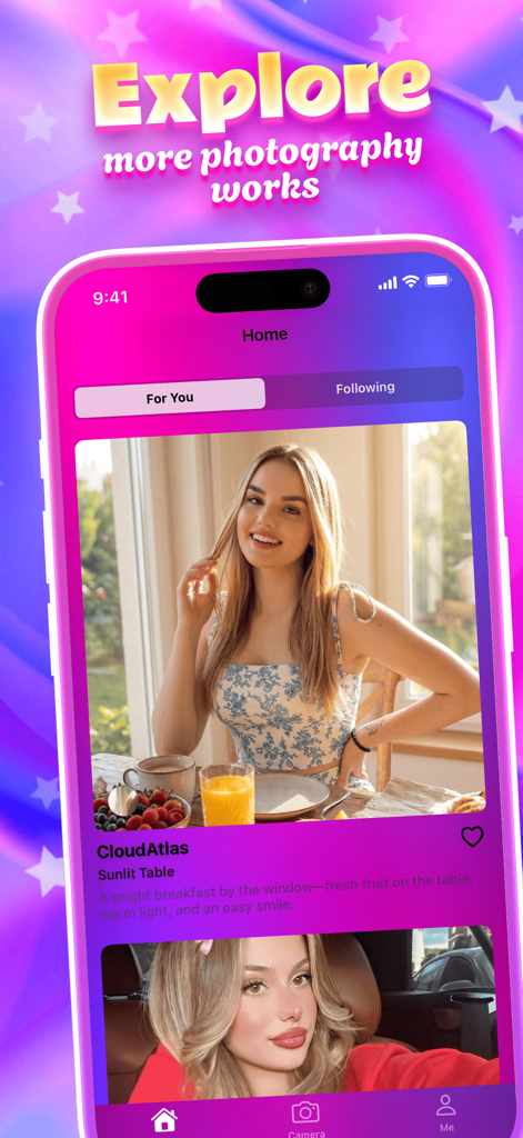 Interface do aplicativo Bovan mostrando um feed de fotografia curado com imagens e descrições de alta qualidade