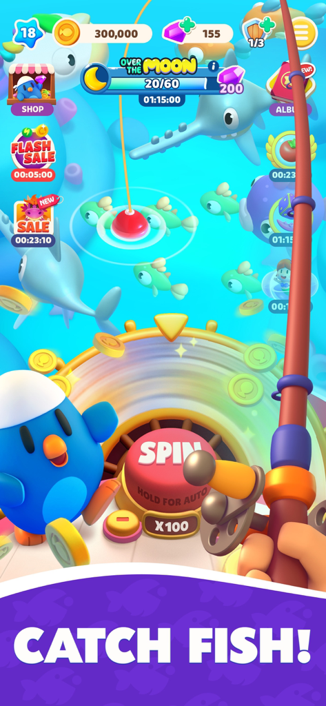 A blue character next to a red spin button and a fishing rod in an underwater scene from Fish of Fortune.