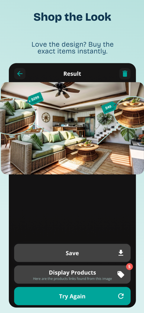 HomeGen AI: Interior Decor - Ein Screenshot der HomeGen AI App, der ein Wohnzimmerdesign mit Produktpreisaufklebern zeigt.
