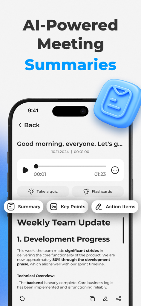 Noteum: AI Meeting Note Taker - Noteum app interface showing AI generated meeting summaries and action items