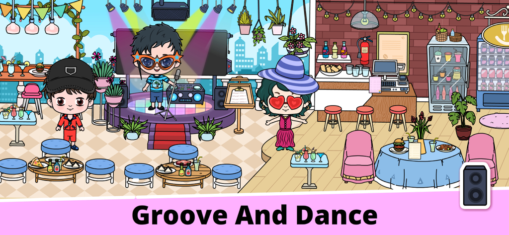 Tizi My World Avatar City Life - Avatare bei einer Dach-Tanzparty in einer bunten Stadtszene aus der App