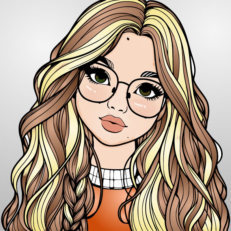 girl with long hair and freckles and glasses realistic