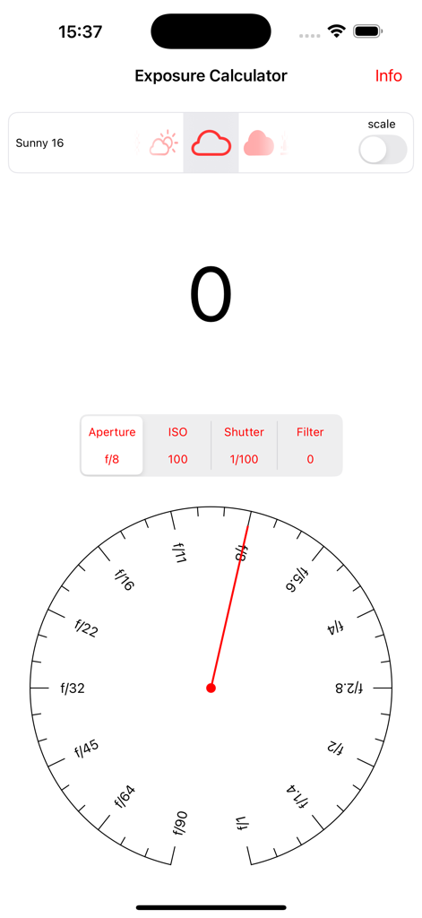 Exposure Equivalence - Bildschirm des Belichtungsrechners mit Blendenrad und Sunny 16-Einstellungen