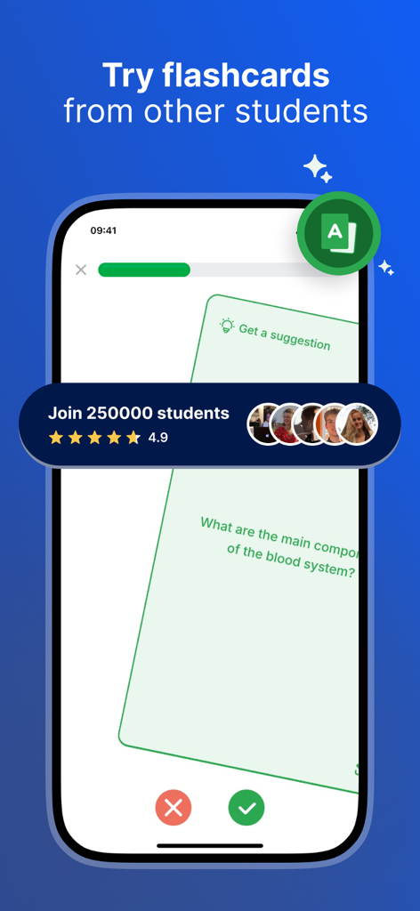 SimpleStudyアプリの画面。生物のフラッシュカードの質問、生徒コミュニティの統計、評価が表示されています。
