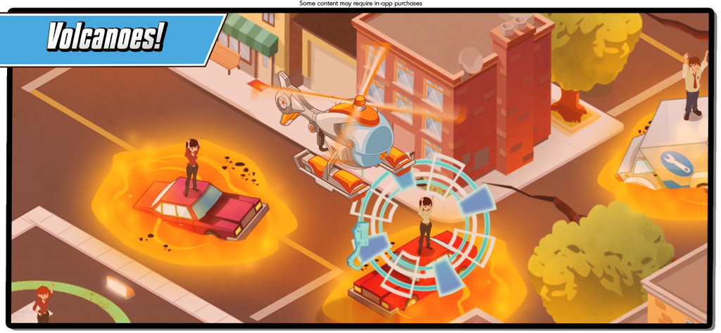 Missão de resgate no Transformers Rescue Bots Hero mostrando um helicóptero salvando uma pessoa da lava