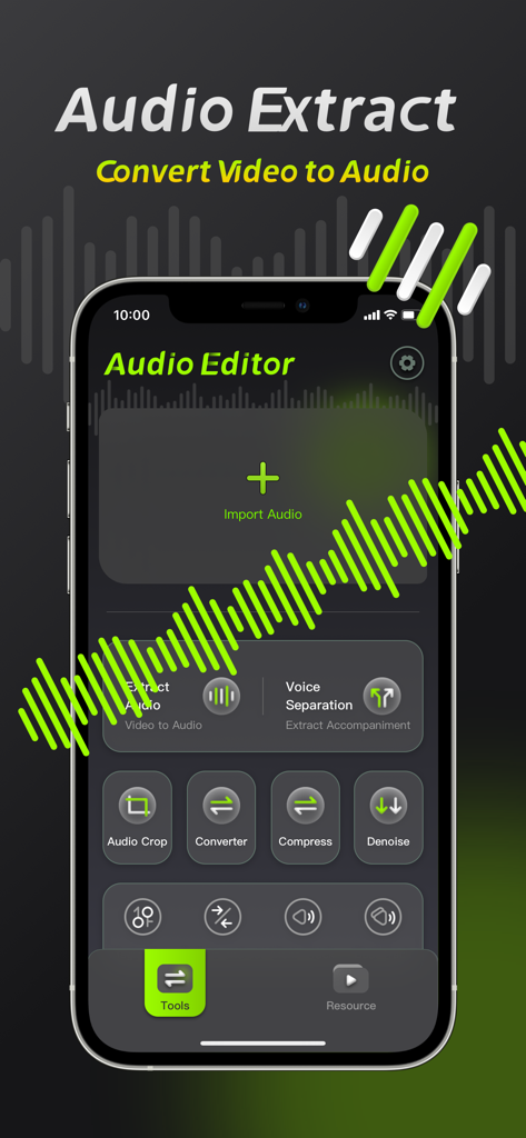 Audio Editor: Video to Audio - Mobile app interface of Audio Editor showing tools for video to audio extraction and voice separation
