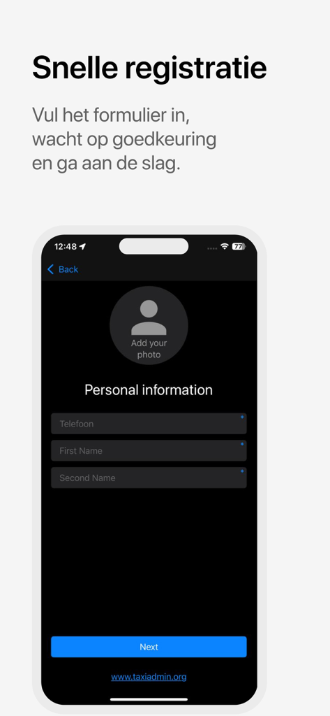 1661 Mavis Driver - 1661 Mavis Driver app registration interface showing personal information fields and a profile photo placeholder