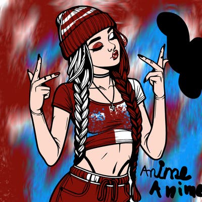 realistic teenage girl with braids and a beanie and crop top doing 🫶🏼