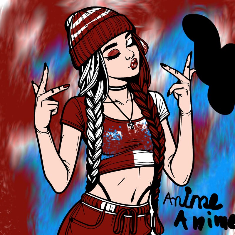 realistic teenage girl with braids and a beanie and crop top doing 🫶🏼