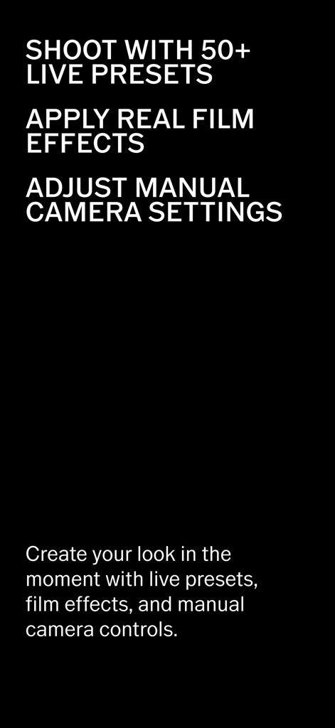 Texte marketing pour l'application VSCO Capture mettant en avant plus de 50 presets en direct, effets cinéma, et réglages manuels de l'appareil photo.