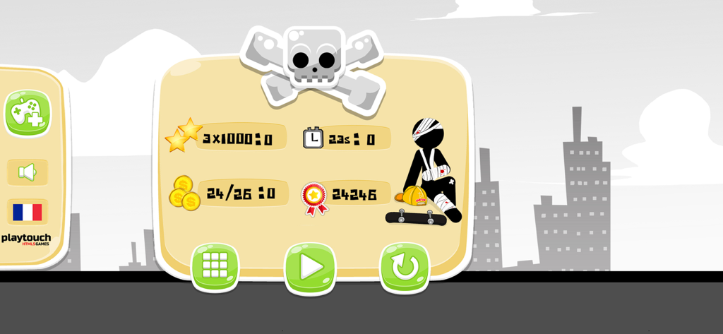 Stickman Skate 360 Epic City - Stickman Skate 360 level results screen showing stars coins time and total score